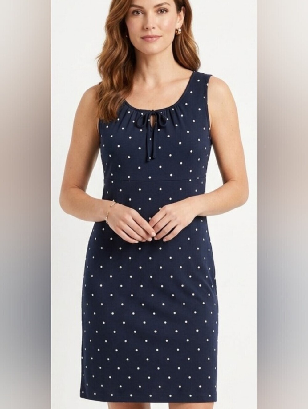 Style Studio Navy and White Polka Dot Midi Dress Women's Medium Made in The USA